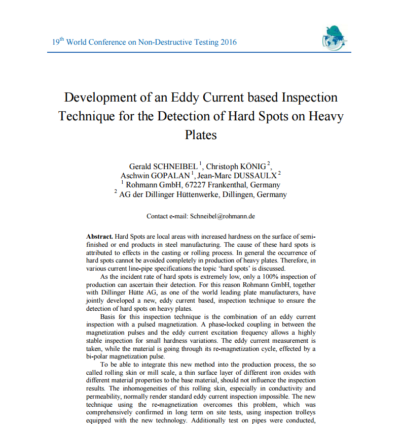「渦電流を用いた厚板ハードスポット検査技術の開発」英語要旨（元タイトル「Development of an Eddy Current based Inspection Technique for the Detection of Hard Spots on Heavy Plates」）